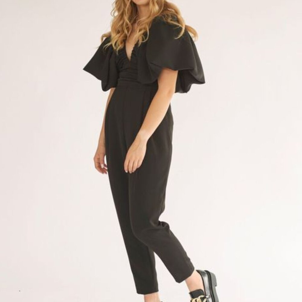 Nana's Gaia Jumpsuit in Black V-neck Puffed Cape short sleeves Tapered Leg Party